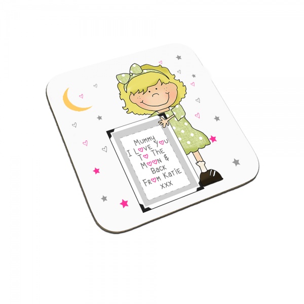 Personalised I Love You To The Moon & Back Child Coaster (Blonde Haired Girl)